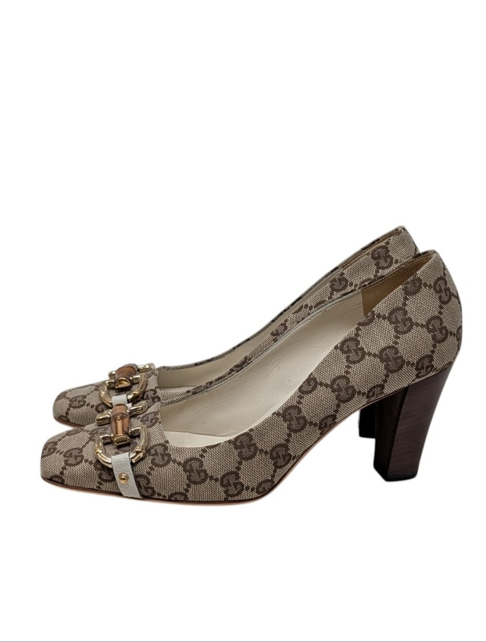 Gucci Monogram Horsebit Bamboo Square Toe Wooden Block Heel Pump Size 7.5 - Picture 4 of 10
